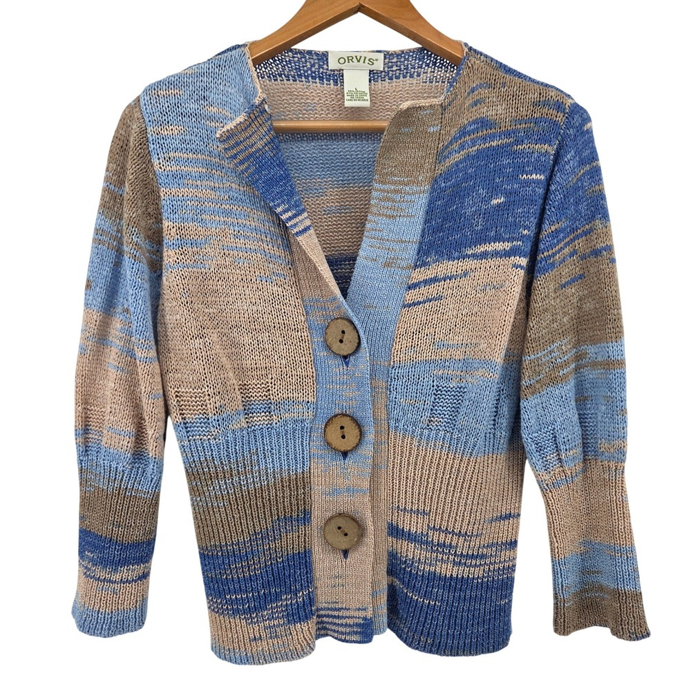 Orvis Cardigan Sweater Womens L Blue Tan Space Dye Knit Button Front Coastal
